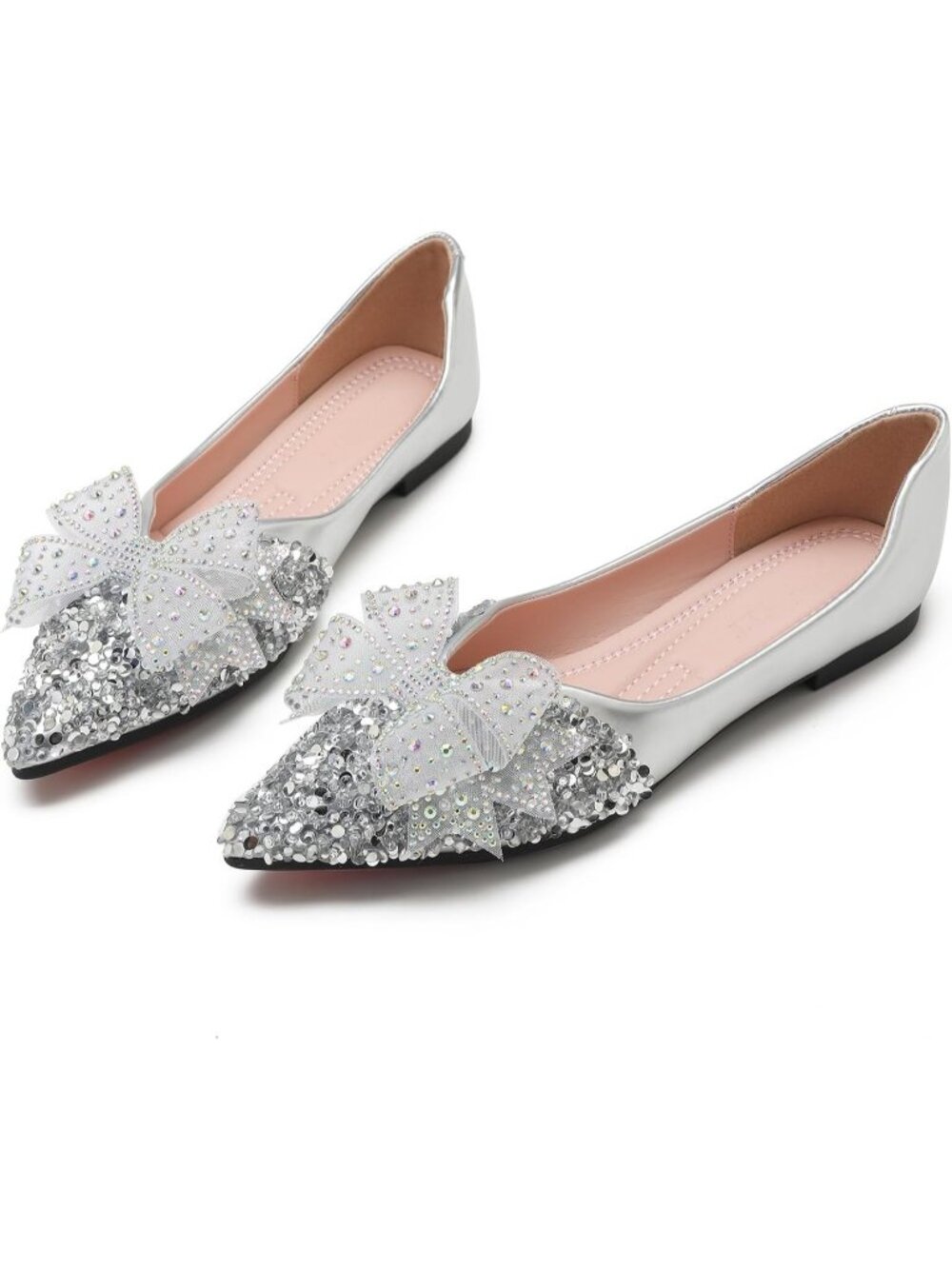 Women's Rhinestone Wedding Silver Flats Comfort Pointed Toe Ballet Flat Shoes